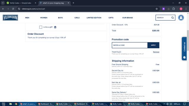Vilebrequin checkout page showing Vilebrequin promo code box | Screenshot taken by SimplyCodes community member on Jul 30, 2024