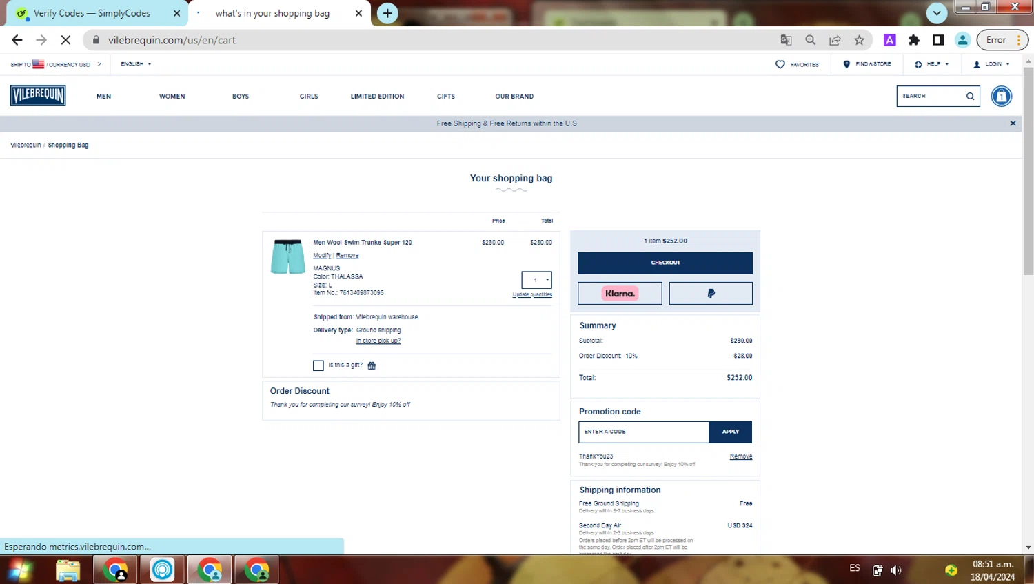 Vilebrequin checkout page showing Vilebrequin promo code box | Screenshot taken by SimplyCodes community member on Apr 18, 2024