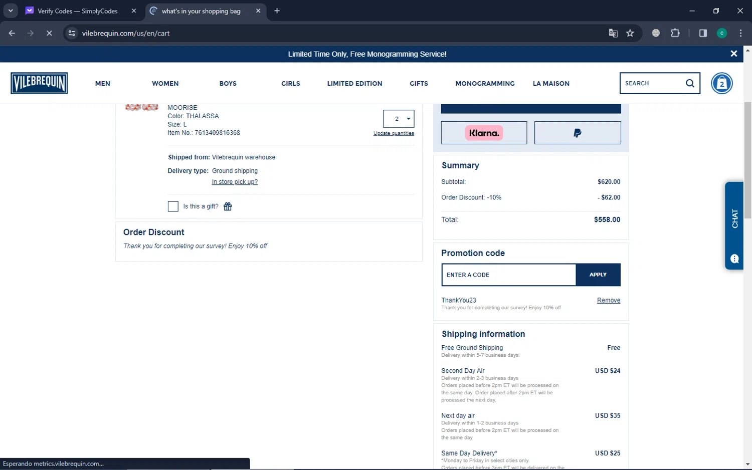 Vilebrequin checkout page showing Vilebrequin promo code box | Screenshot taken by SimplyCodes community member on Jan 29, 2024