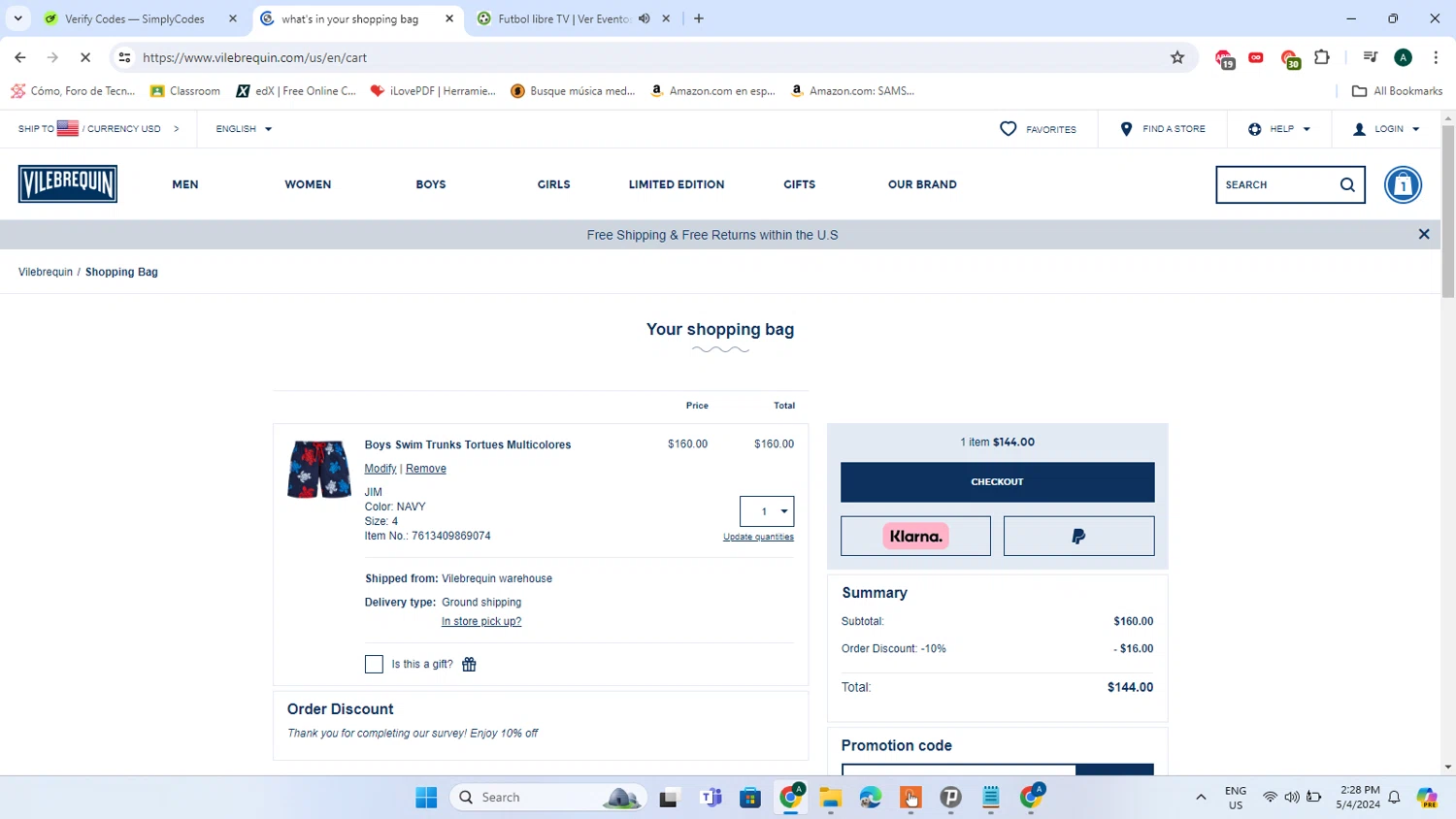 Vilebrequin checkout page showing Vilebrequin promo code box | Screenshot taken by SimplyCodes community member on May 4, 2024