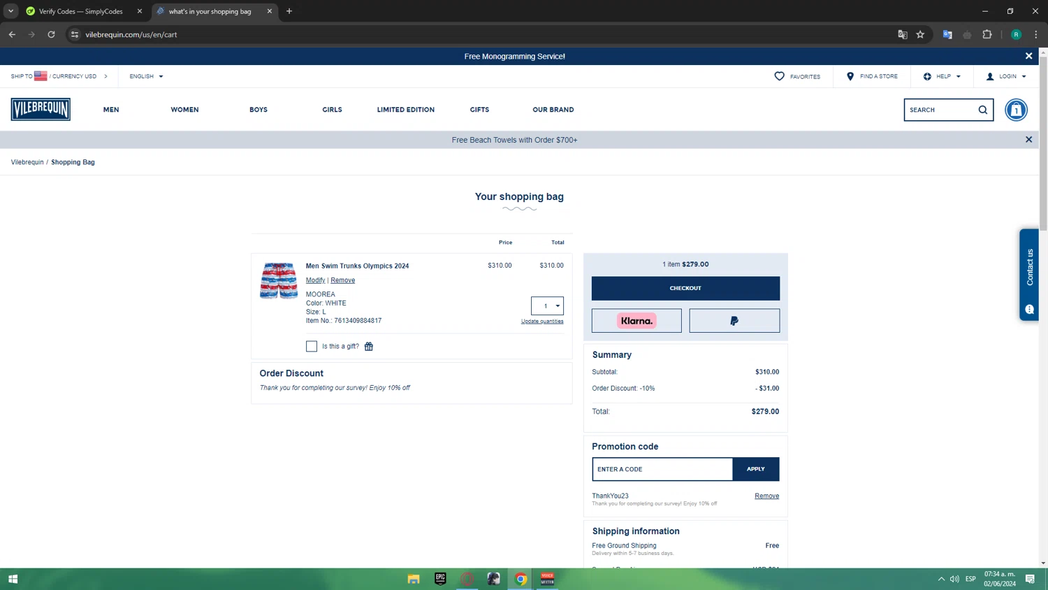 Vilebrequin checkout page showing Vilebrequin promo code box | Screenshot taken by SimplyCodes community member on Jun 2, 2024