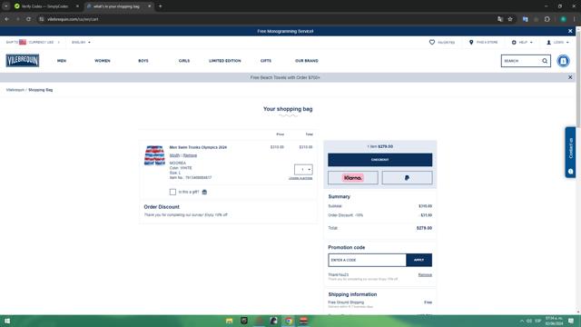 Vilebrequin checkout page showing Vilebrequin promo code box | Screenshot taken by SimplyCodes community member on Jun 2, 2024