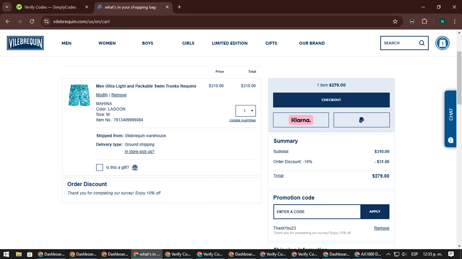 Vilebrequin checkout page showing Vilebrequin promo code box | Screenshot taken by SimplyCodes community member on Nov 4, 2024