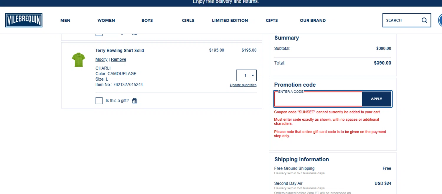 Vilebrequin promo code screenshot showing code SUNSET applied at Vilebrequin checkout page. Uploaded by SimplyCodes community member franksanchez on Sep 30, 2025