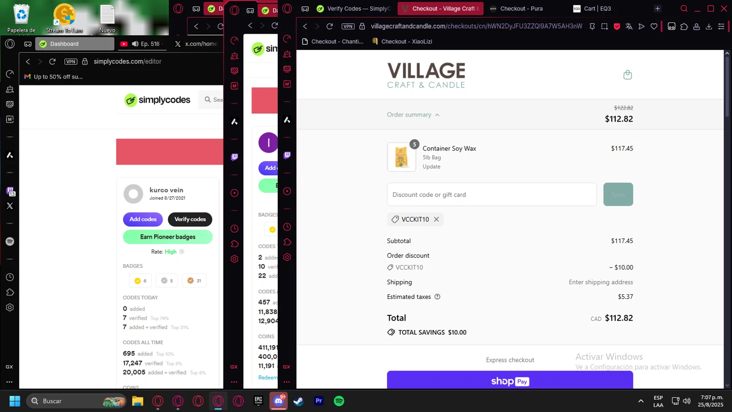 Village Craft and Candle discount code screenshot showing code VCCKIT10 applied at Village Craft and Candle checkout page. Uploaded by SimplyCodes community member Halanweik on Aug 25, 2025