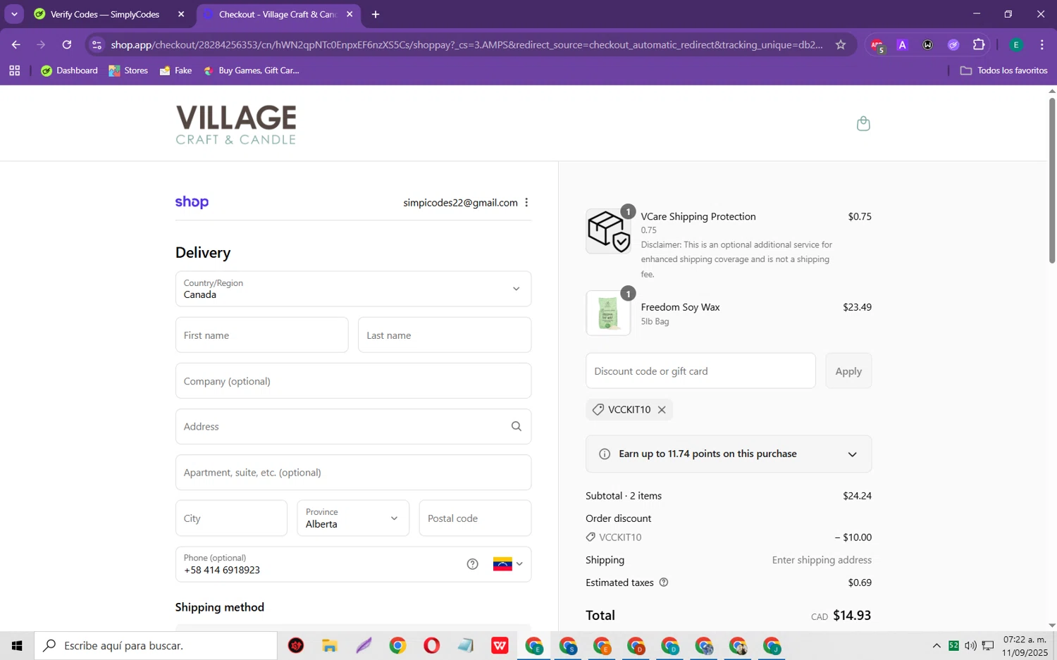 Village Craft and Candle discount code screenshot showing code VCCKIT10 applied at Village Craft and Candle checkout page. Uploaded by SimplyCodes community member RebateScholar429 on Sep 11, 2025