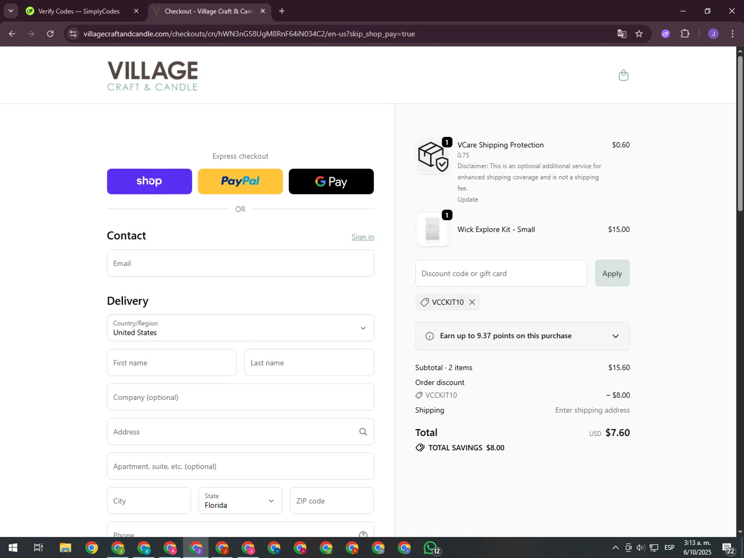 Village Craft and Candle discount code screenshot showing code VCCKIT10 applied at Village Craft and Candle checkout page. Uploaded by SimplyCodes community member ValueHero2277 on Oct 6, 2025
