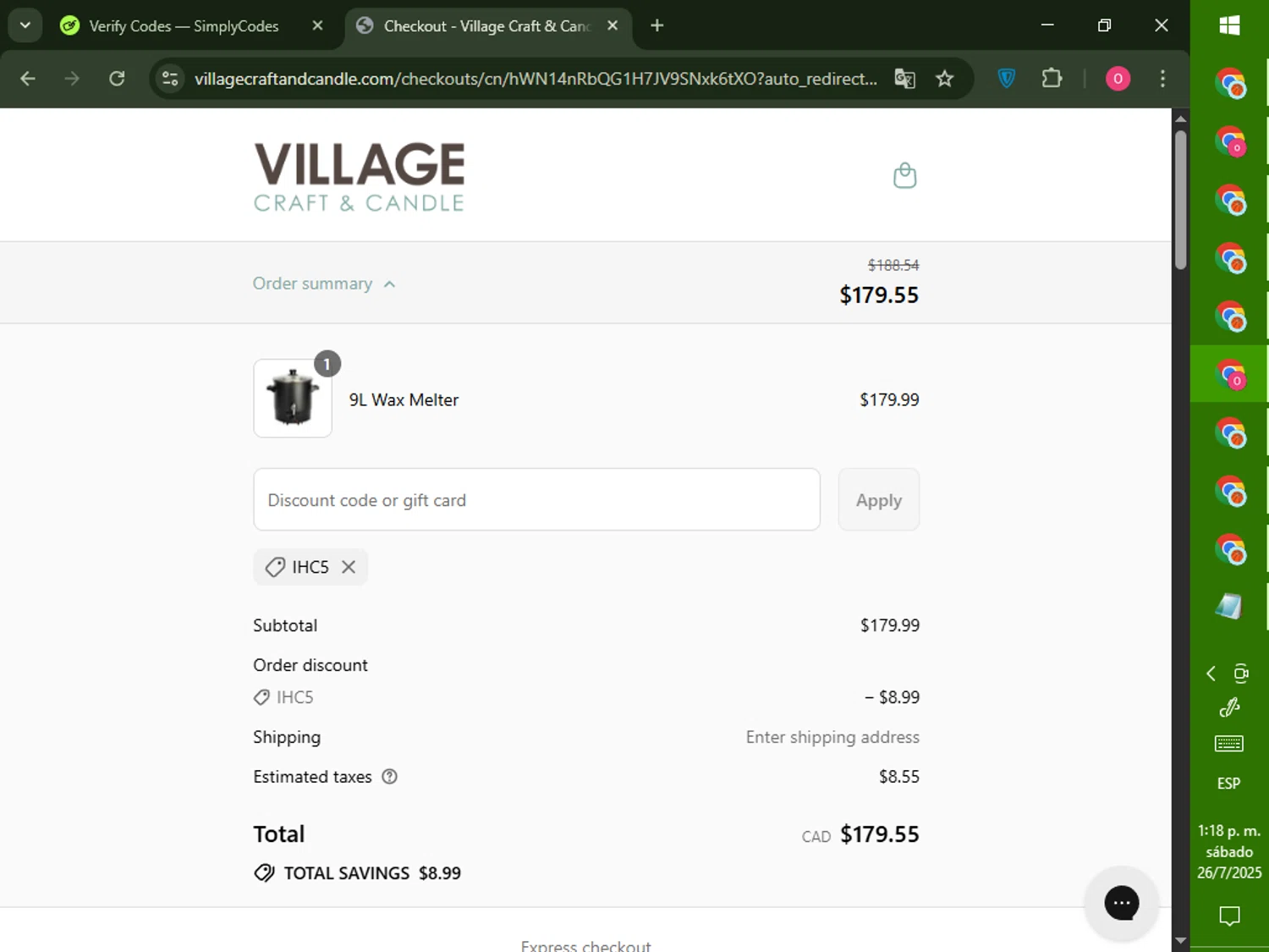 Village Craft and Candle discount code screenshot showing code IHC5 applied at Village Craft and Candle checkout page. Uploaded by SimplyCodes community member LegendaryRanger6350 on Jul 26, 2025