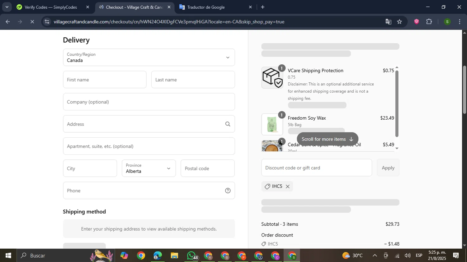 Village Craft and Candle discount code screenshot showing code IHC5 applied at Village Craft and Candle checkout page. Uploaded by SimplyCodes community member RewardMaverick445 on Aug 21, 2025