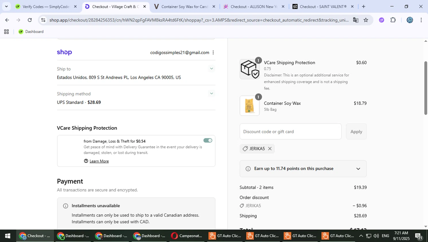 Village Craft and Candle discount code screenshot showing code Jerika5 applied at Village Craft and Candle checkout page. Uploaded by SimplyCodes community member Suicune on Sep 11, 2025