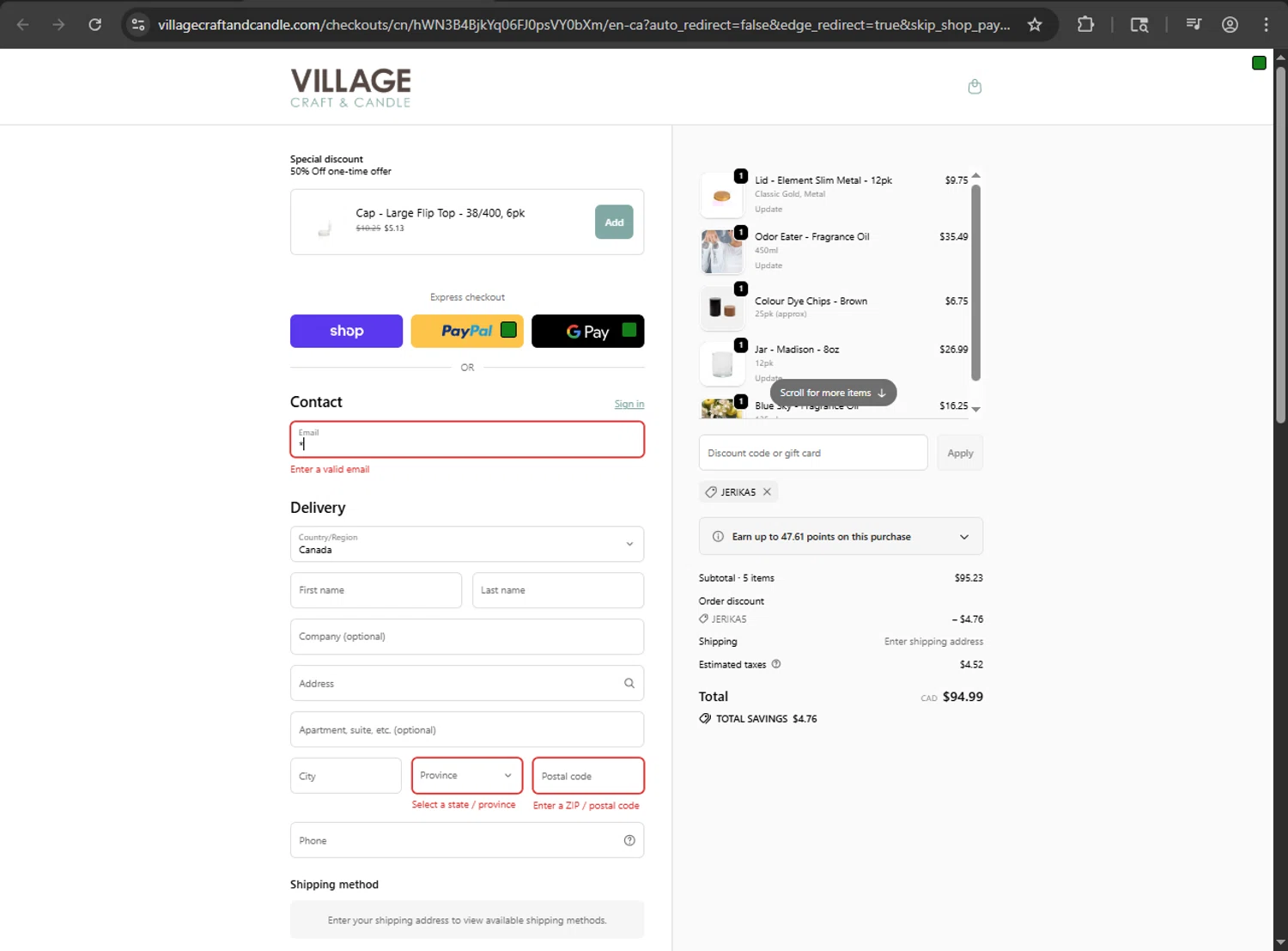 Village Craft and Candle discount code screenshot showing code Jerika5 applied at Village Craft and Candle checkout page. Uploaded by SimplyCodes community member RINITOSHI on Sep 20, 2025