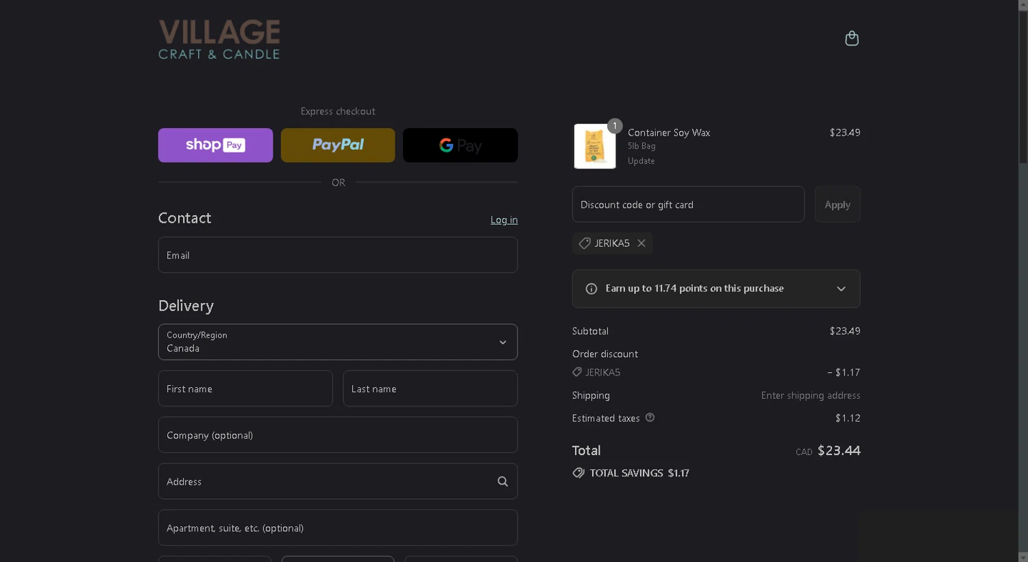 Village Craft and Candle discount code screenshot showing code Jerika5 applied at Village Craft and Candle checkout page. Uploaded by SimplyCodes community member tony2702 on Aug 25, 2025