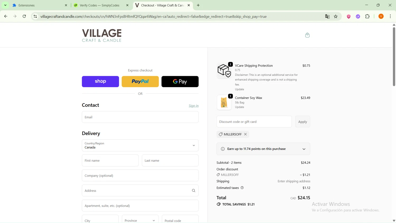 Village Craft and Candle discount code screenshot showing code MILLER5OFF applied at Village Craft and Candle checkout page. Uploaded by SimplyCodes community member GoldFox1696 on Oct 6, 2025