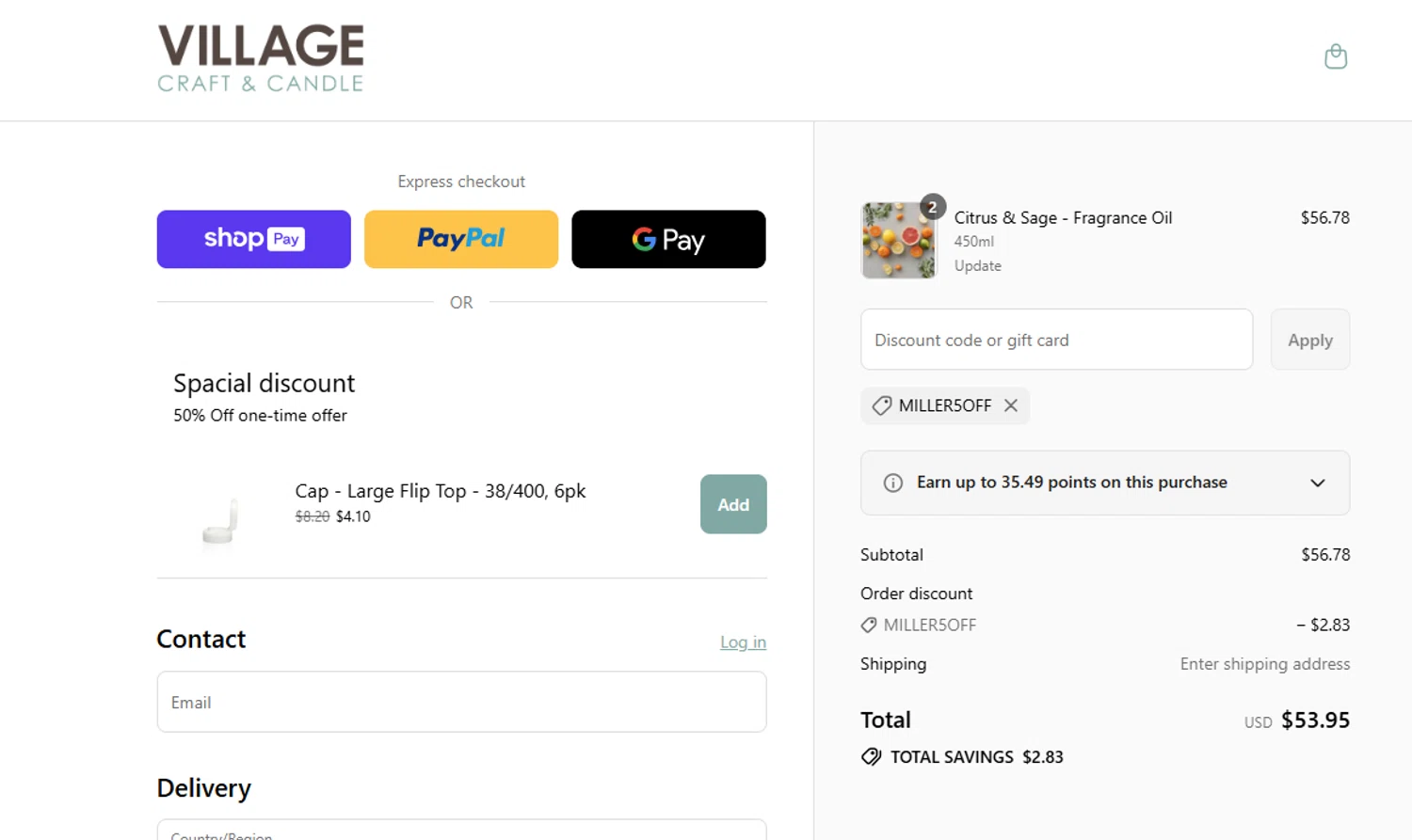 Village Craft and Candle discount code screenshot showing code MILLER5OFF applied at Village Craft and Candle checkout page. Uploaded by SimplyCodes community member VoucherVirtuoso2520 on Aug 25, 2025
