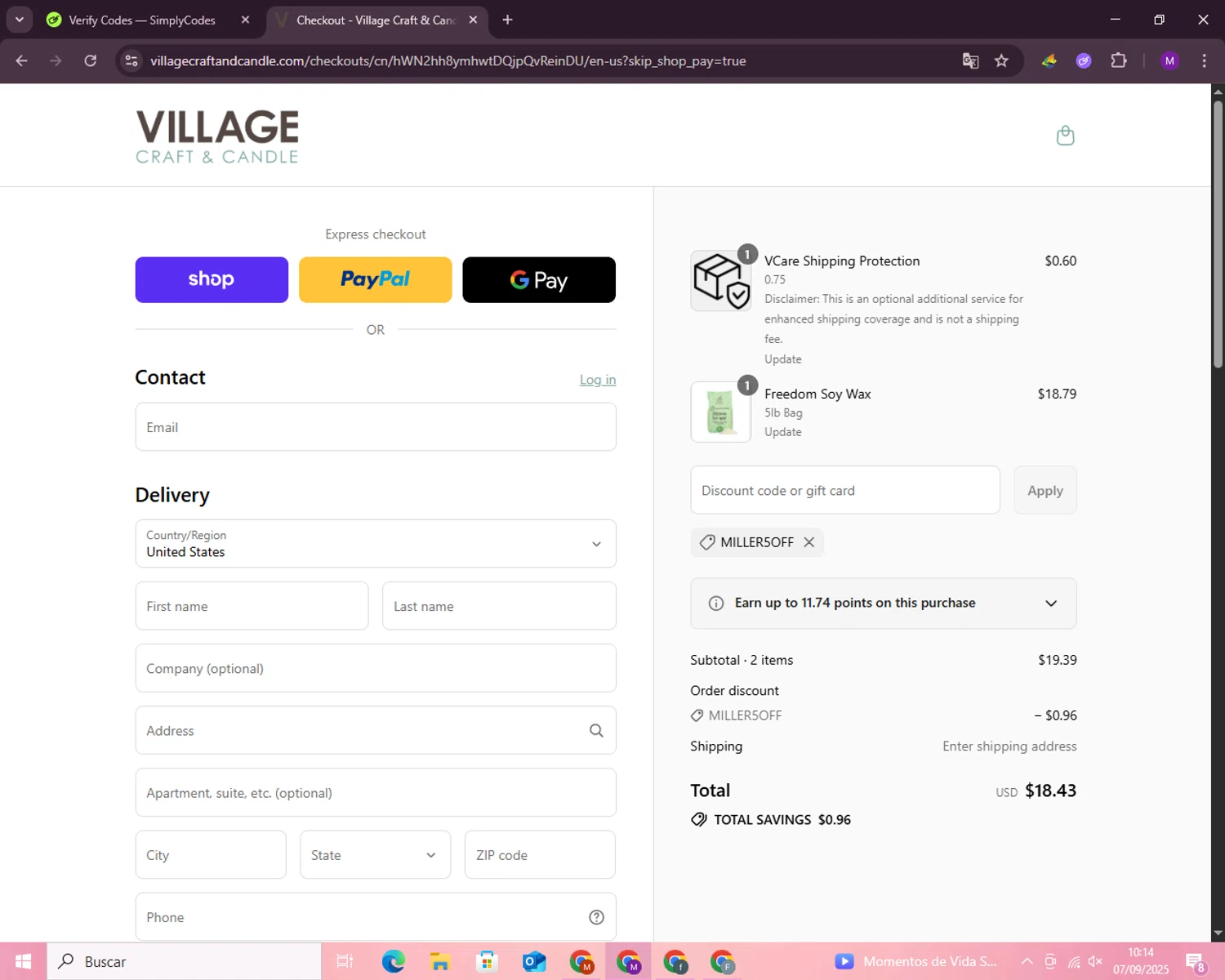 Village Craft and Candle discount code screenshot showing code MILLER5OFF applied at Village Craft and Candle checkout page. Uploaded by SimplyCodes community member malumabby on Sep 7, 2025