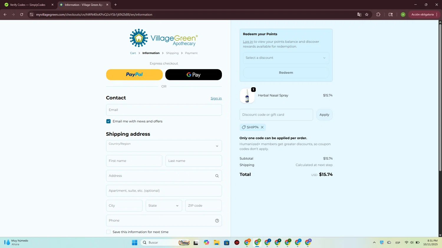 Village Green Apothecary coupon code screenshot showing code SHIP74 applied at Village Green Apothecary checkout page. Uploaded by SimplyCodes community member DiscountSpotter1028 on Oct 12, 2025