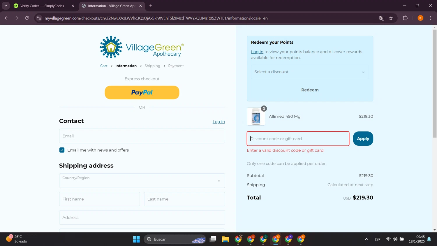 Village Green Apothecary coupon code screenshot showing code 5OFF applied at Village Green Apothecary checkout page. Uploaded by SimplyCodes community member davidsalazar on Jan 18, 2025