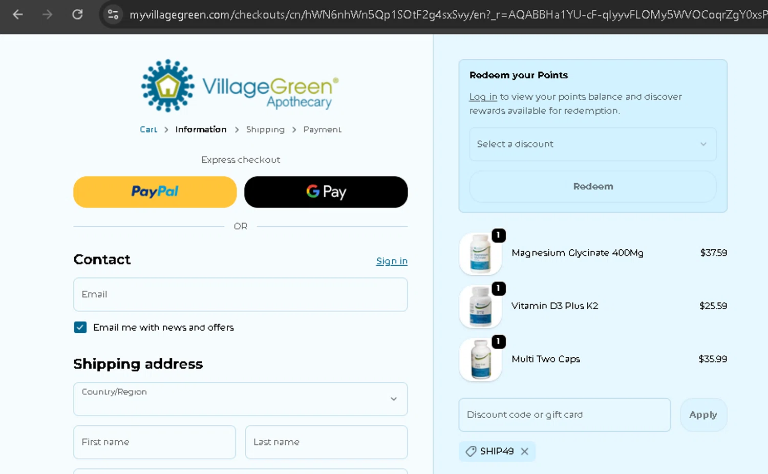 Village Green Apothecary checkout page showing Village Green Apothecary coupon code box | Screenshot taken by SimplyCodes community member on Jan 8, 2026