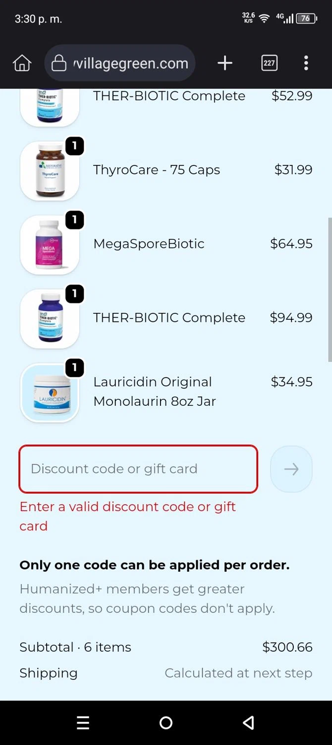 Village Green Apothecary coupon code screenshot showing code SHIP49 applied at Village Green Apothecary checkout page. Uploaded by SimplyCodes community member BrilliantHero1199 on Dec 12, 2025