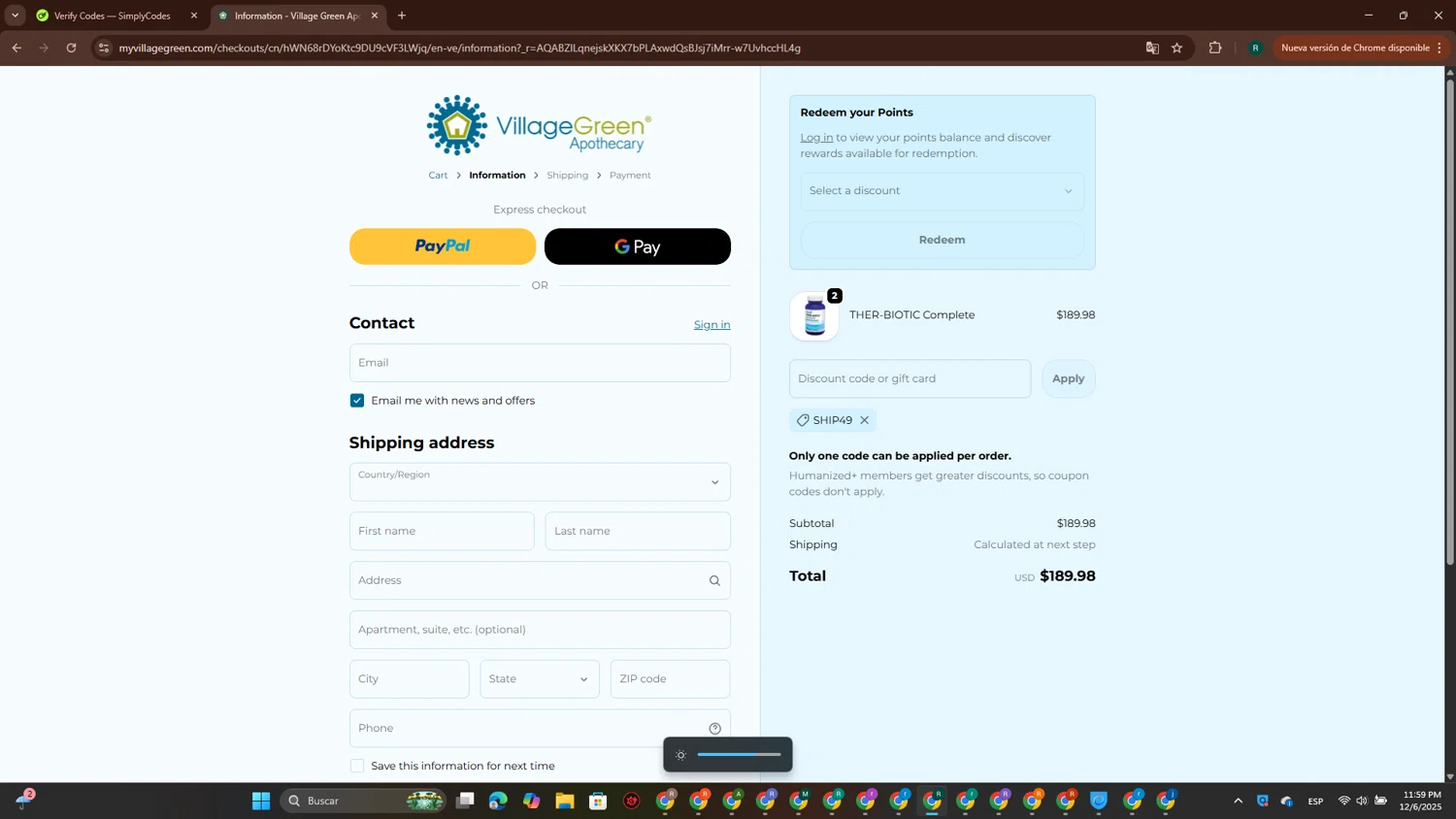 Village Green Apothecary coupon code screenshot showing code SHIP49 applied at Village Green Apothecary checkout page. Uploaded by SimplyCodes community member ScanPioneer7706 on Dec 7, 2025