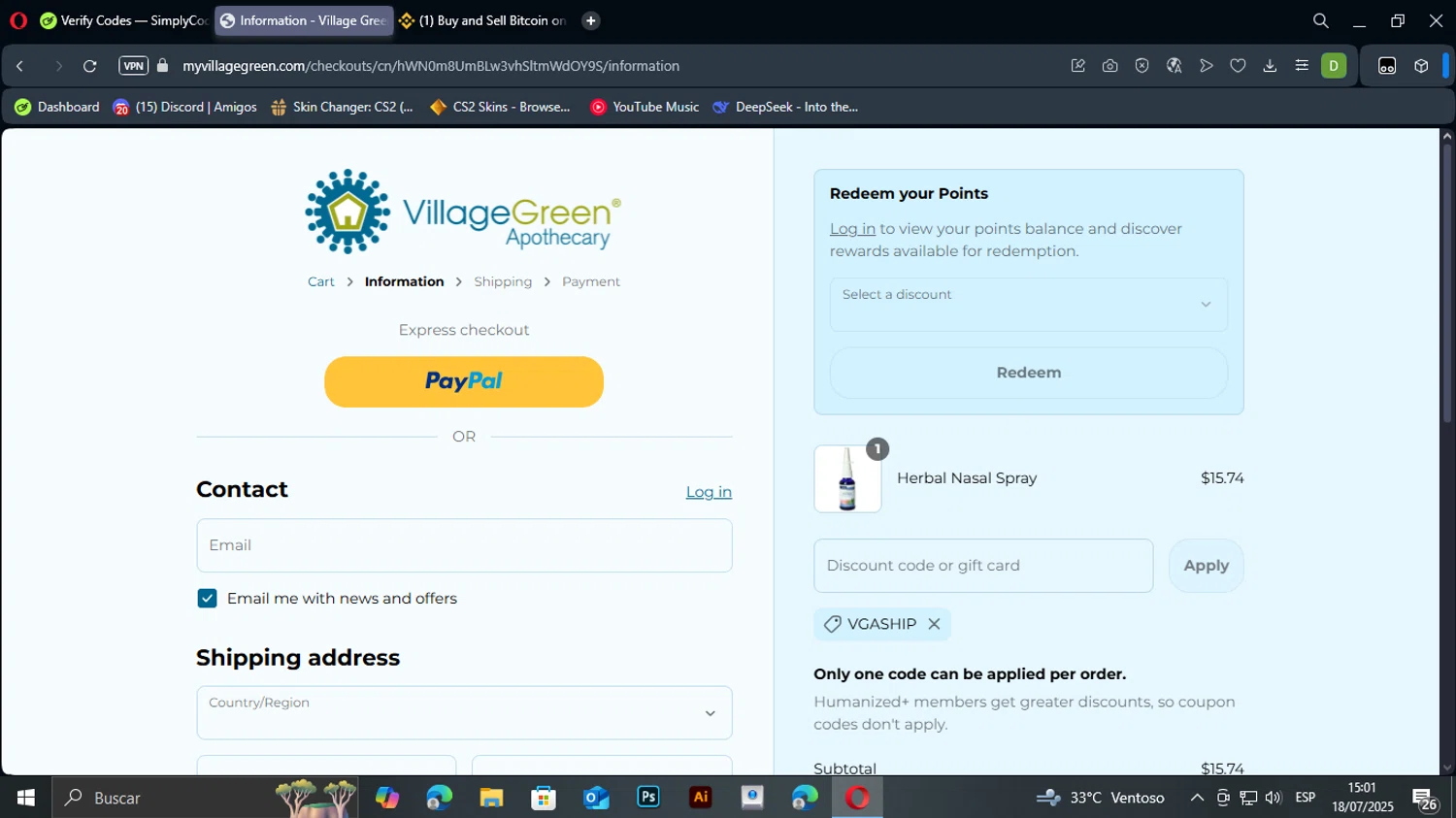 Village Green Apothecary coupon code screenshot showing code VGASHIP applied at Village Green Apothecary checkout page. Uploaded by SimplyCodes community member TuAmigoRed on Jul 18, 2025