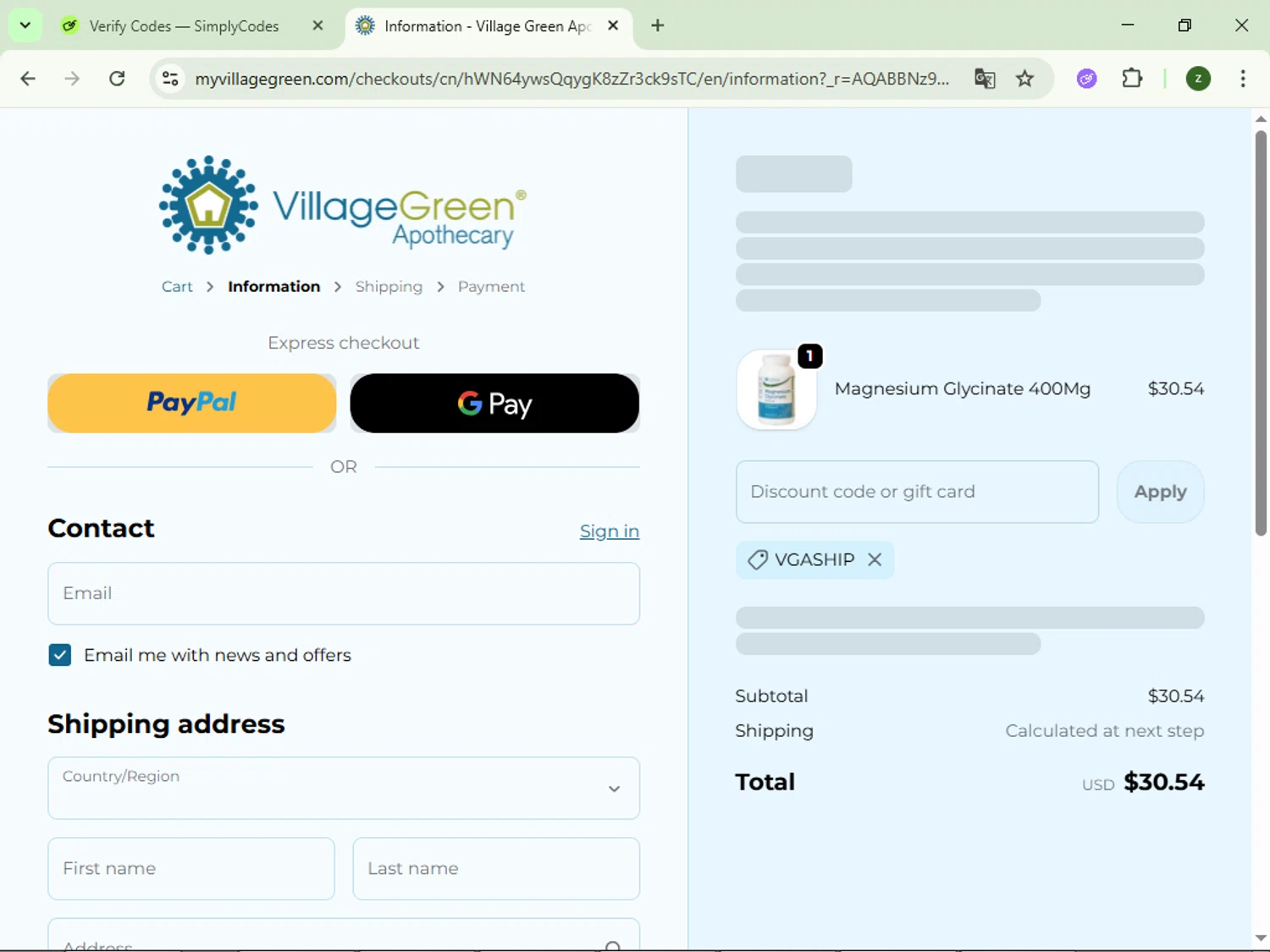 Village Green Apothecary coupon code screenshot showing code VGASHIP applied at Village Green Apothecary checkout page. Uploaded by SimplyCodes community member dolce_codmax213 on Dec 5, 2025