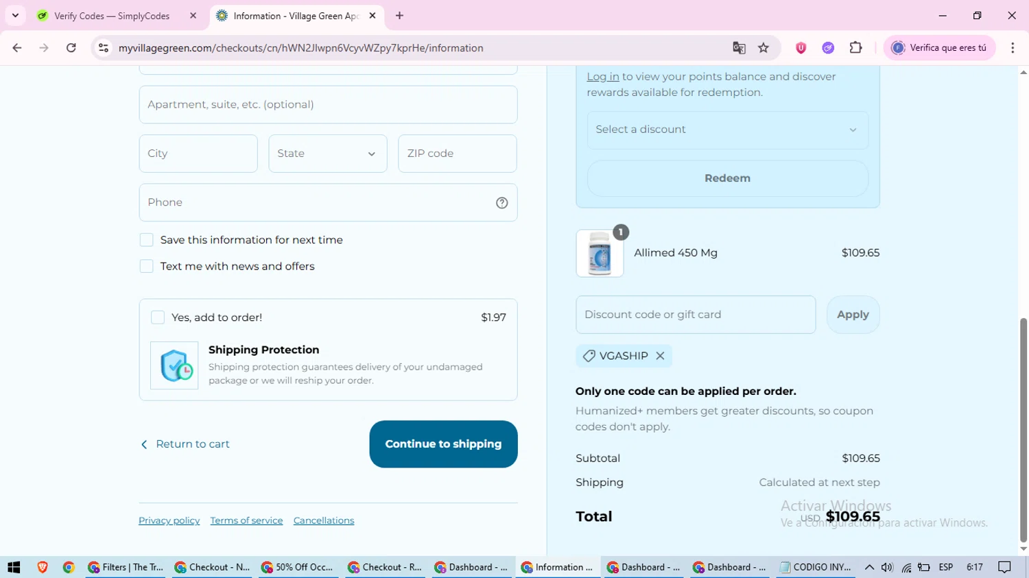 Village Green Apothecary coupon code screenshot showing code VGASHIP applied at Village Green Apothecary checkout page. Uploaded by SimplyCodes community member loversuper on Aug 28, 2025