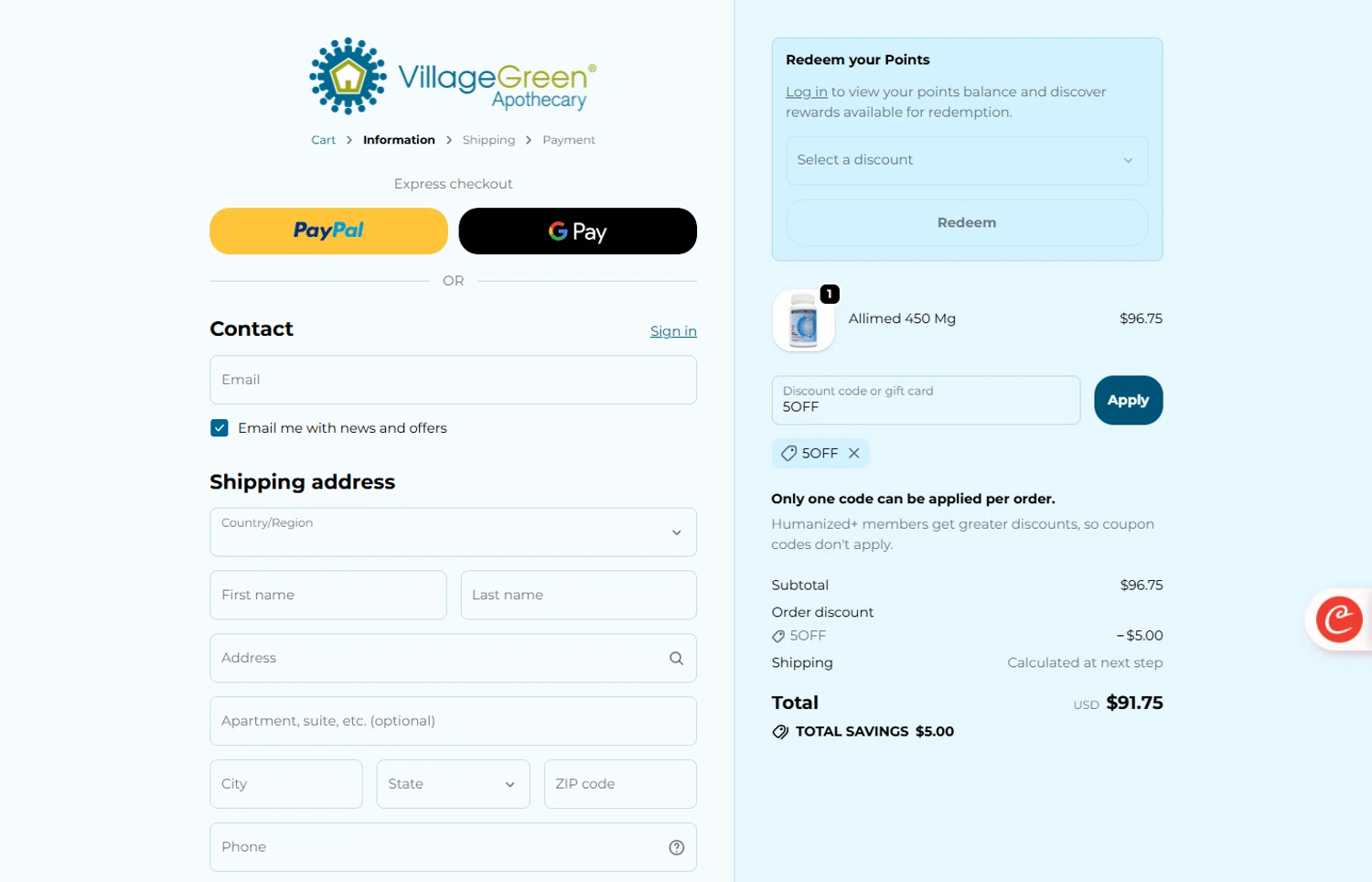 Village Green Apothecary coupon code screenshot showing code 5OFF applied at Village Green Apothecary checkout page. Uploaded by SimplyCodes community member ivantorres on Oct 31, 2025
