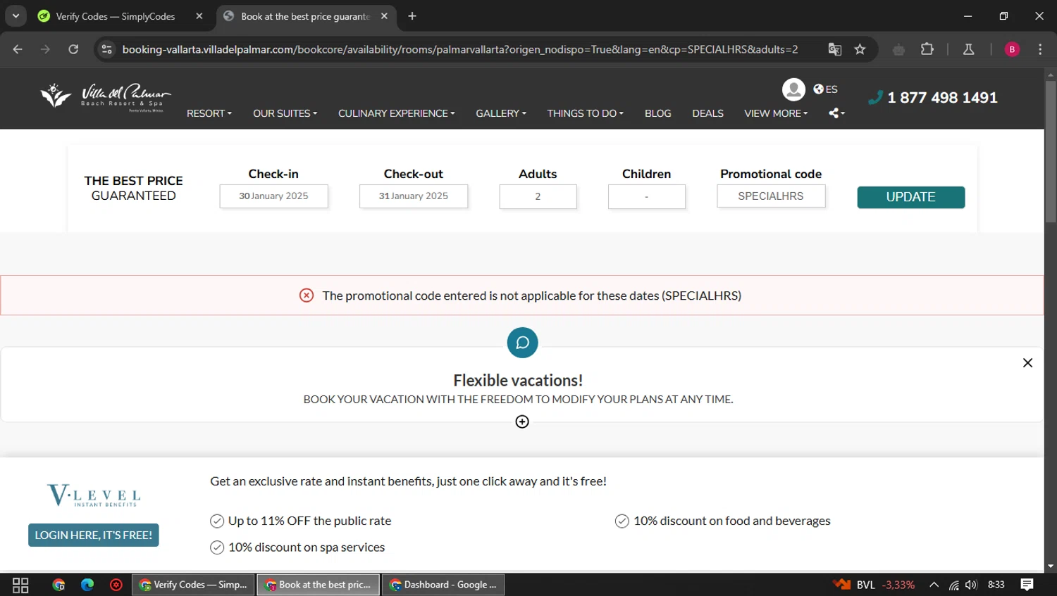 The Villa Group Resorts & Spas promo code screenshot showing code SPECIALHRS applied at The Villa Group Resorts & Spas checkout page. Uploaded by SimplyCodes community member SwiftSage1747 on Jan 15, 2025