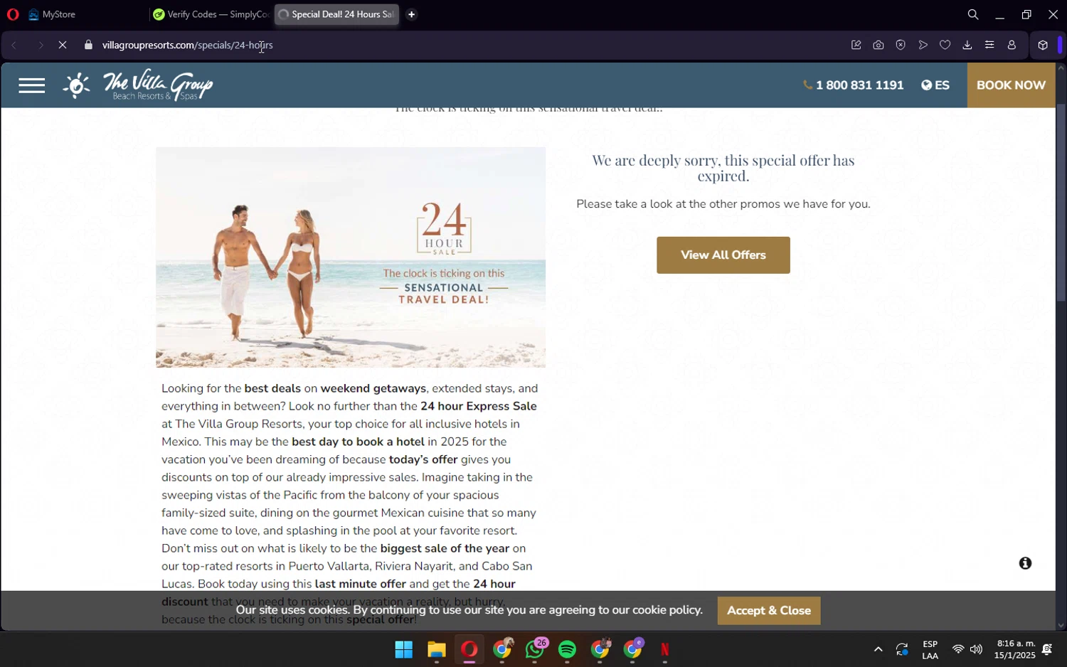 The Villa Group Resorts & Spas promo code screenshot showing code SPECIALHRS applied at The Villa Group Resorts & Spas checkout page. Uploaded by SimplyCodes community member wednesday on Jan 15, 2025