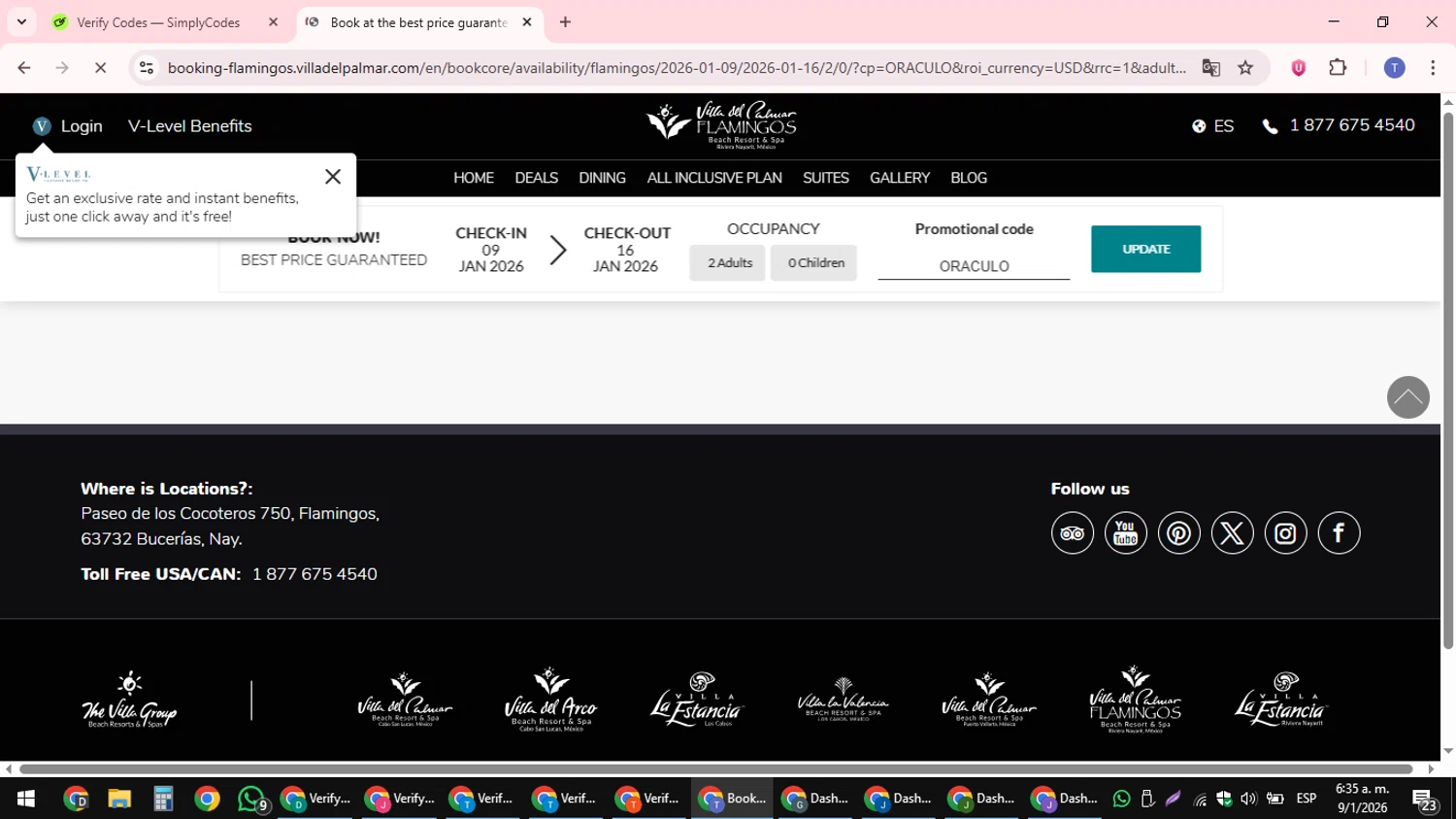 The Villa Group Resorts & Spas promo code screenshot showing code ORACULO applied at The Villa Group Resorts & Spas checkout page. Uploaded by SimplyCodes community member snidertom8 on Jan 9, 2026
