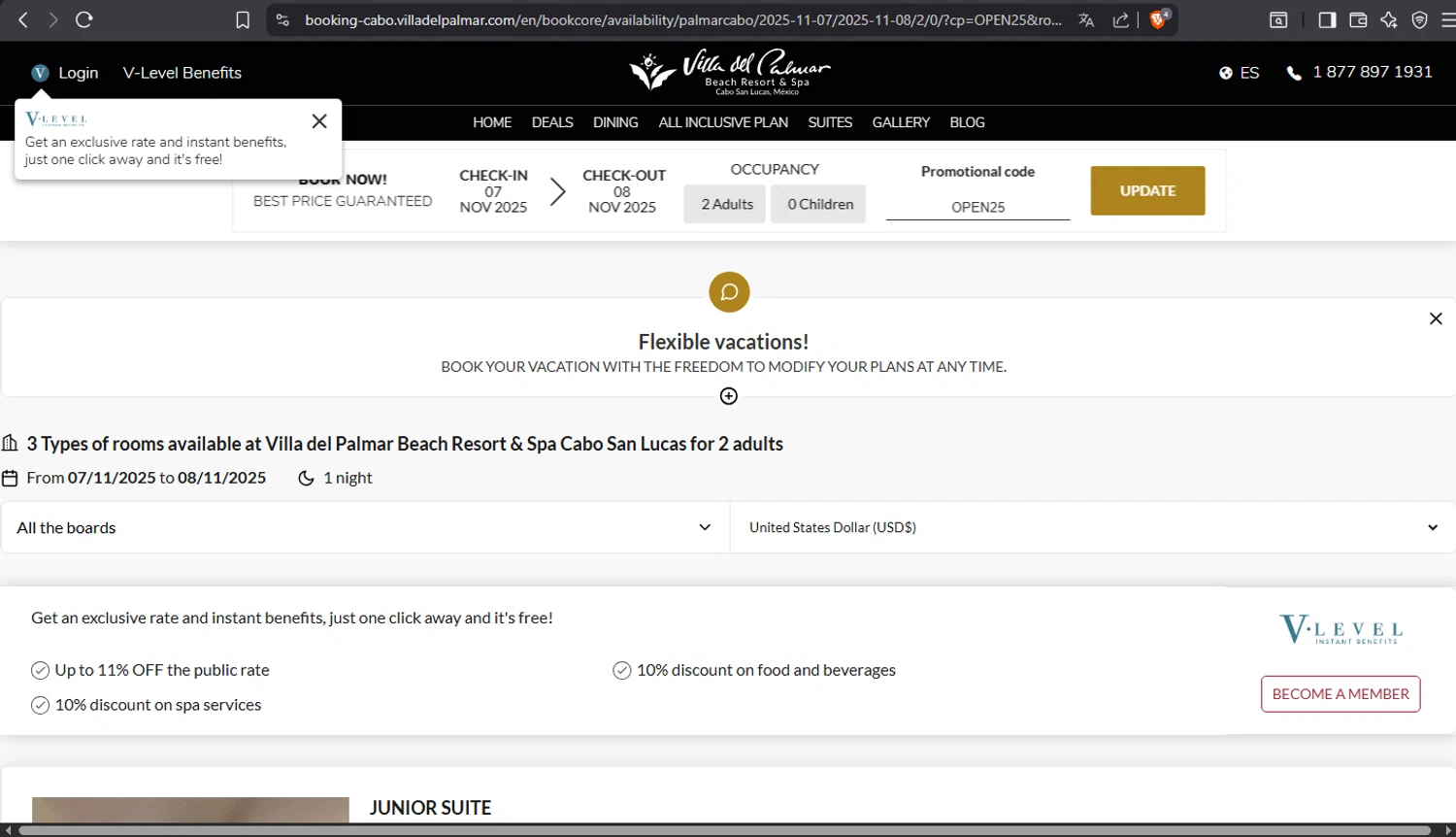 The Villa Group Resorts & Spas promo code screenshot showing code OPEN25 applied at The Villa Group Resorts & Spas checkout page. Uploaded by SimplyCodes community member crischidy25 on Oct 30, 2025