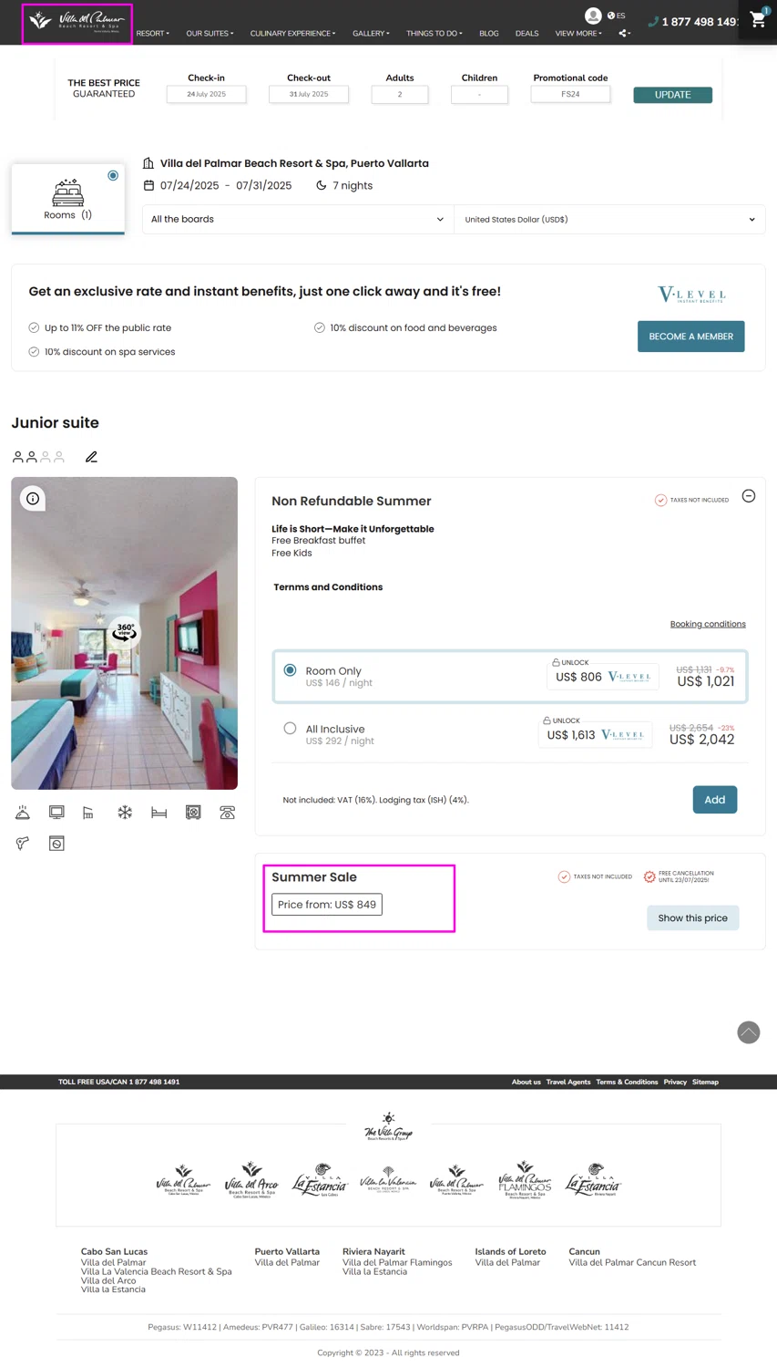 The Villa Group Resorts & Spas promo code screenshot showing code FS24 applied at The Villa Group Resorts & Spas checkout page. Uploaded by SimplyCodes community member mrdarcy on Jul 15, 2025