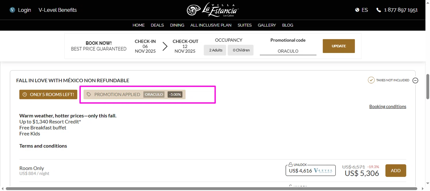 The Villa Group Resorts & Spas promo code screenshot showing code ORACULO applied at The Villa Group Resorts & Spas checkout page. Uploaded by SimplyCodes community member mrdarcy on Oct 30, 2025