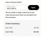 WELCOME20 coupon verification screenshot