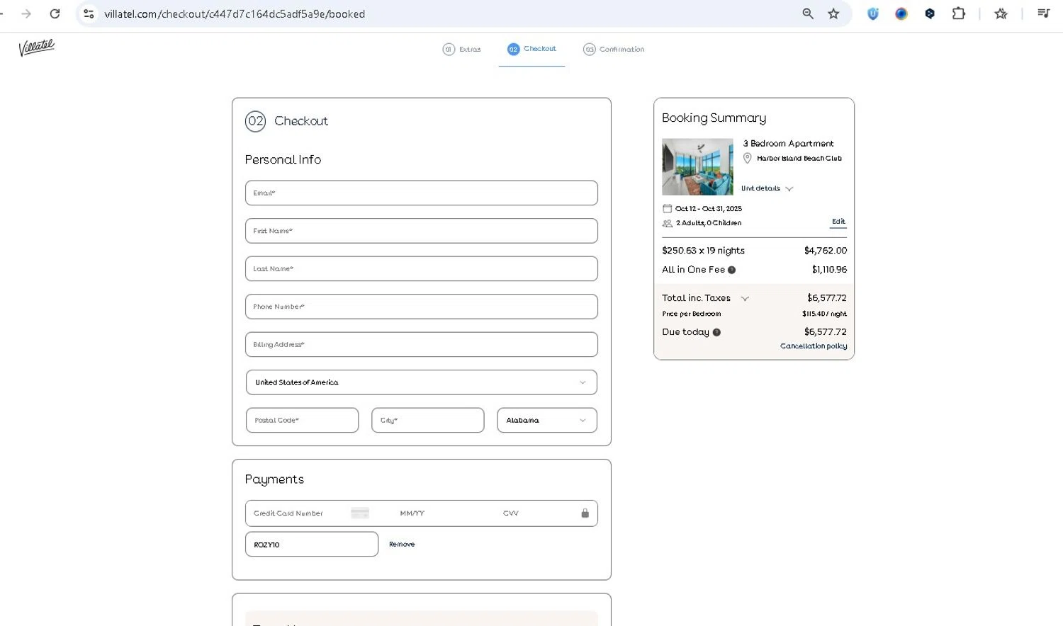 Villatel promo code screenshot showing code ROZY10 applied at Villatel checkout page. Uploaded by SimplyCodes community member LAMINEJAMAL on Oct 9, 2025