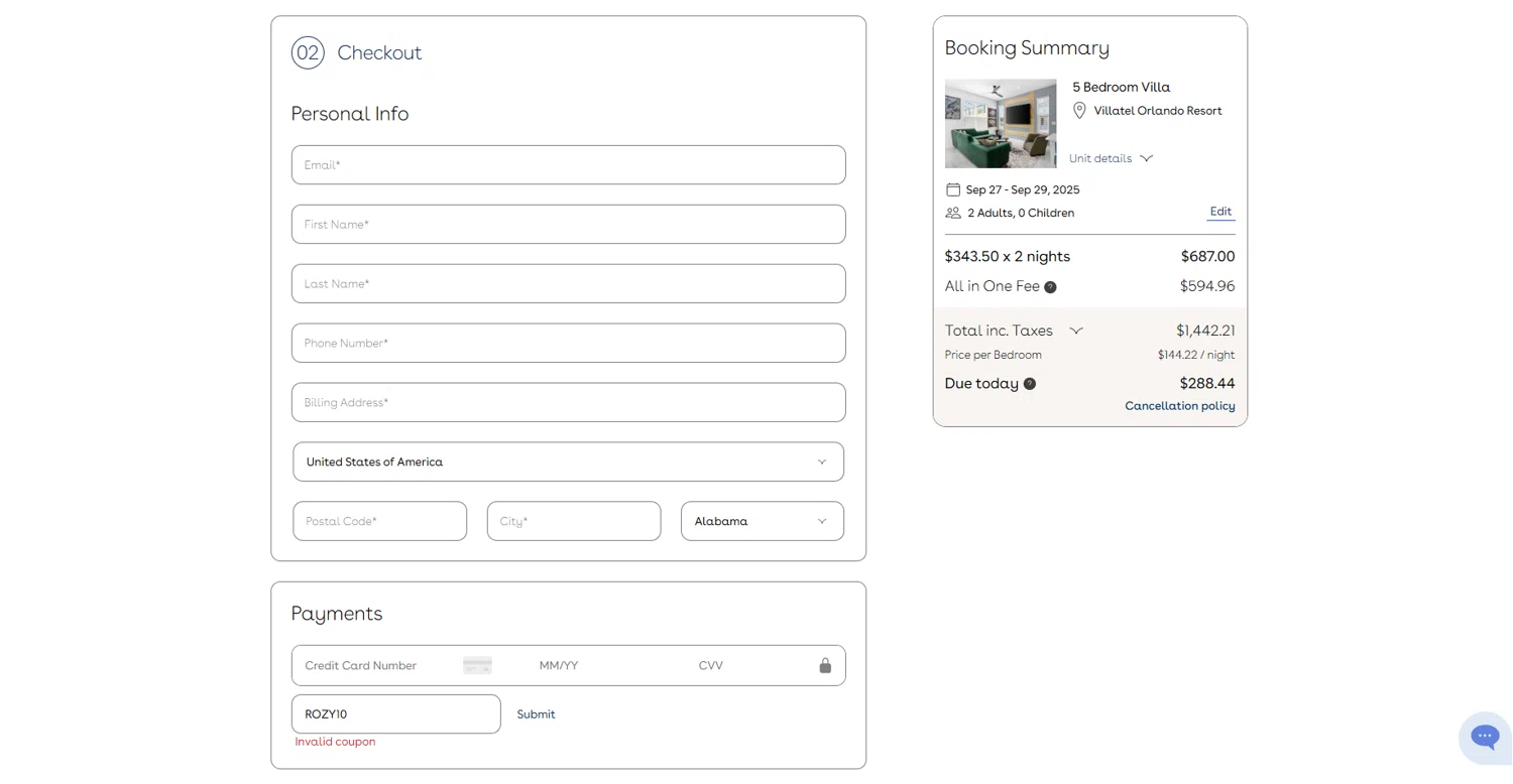 Villatel promo code screenshot showing code ROZY10 applied at Villatel checkout page. Uploaded by SimplyCodes community member WonderGuardian4443 on Sep 10, 2025