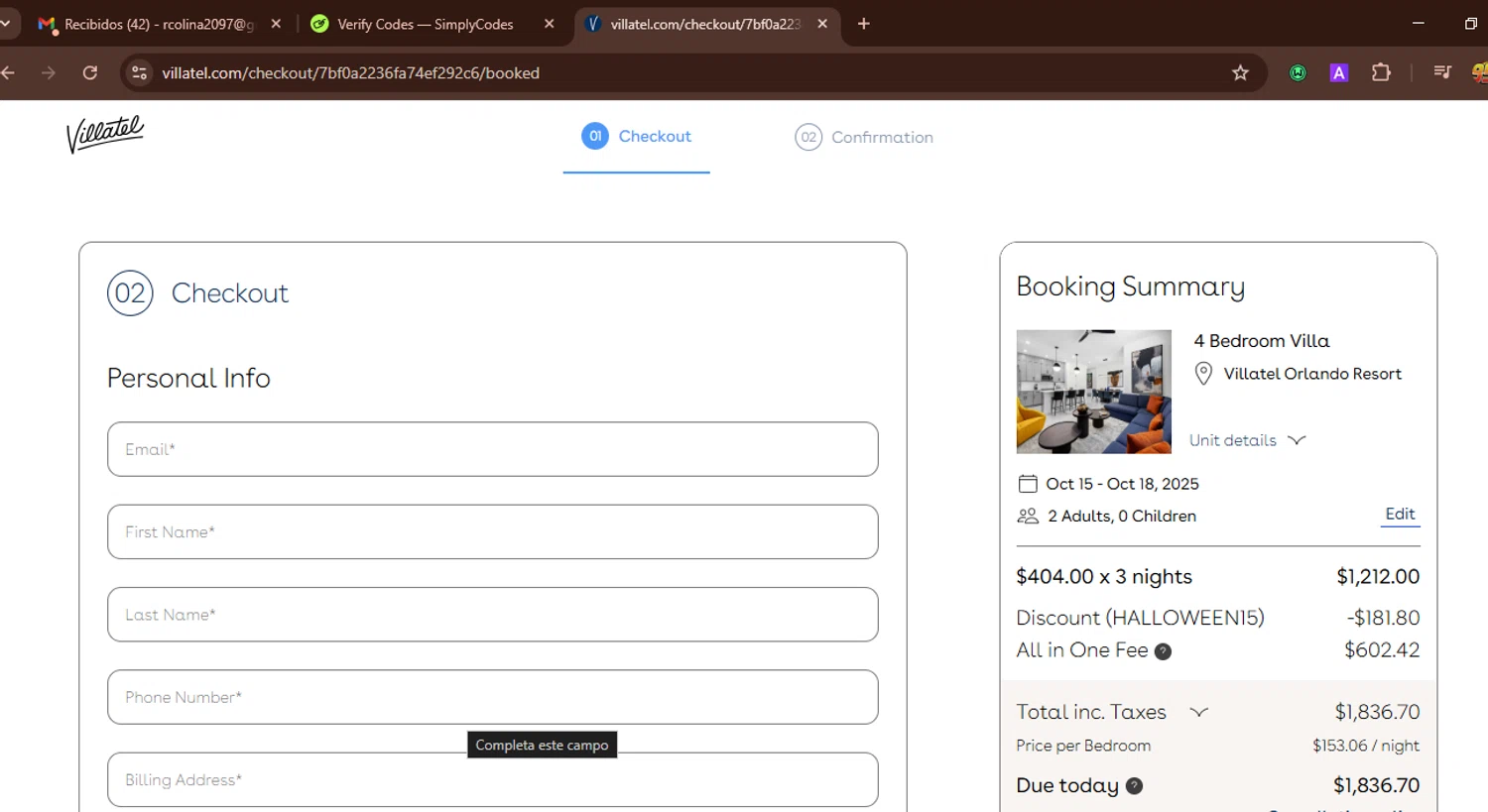 Villatel promo code screenshot showing code HALLOWEEN15 applied at Villatel checkout page. Uploaded by SimplyCodes community member WonderWarden594 on Oct 7, 2025