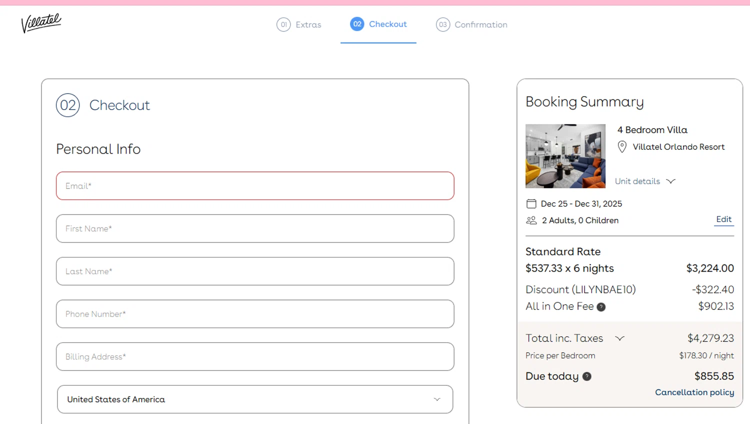 Villatel promo code screenshot showing code LILYNBAE10 applied at Villatel checkout page. Uploaded by SimplyCodes community member aumentadax10 on Dec 10, 2025
