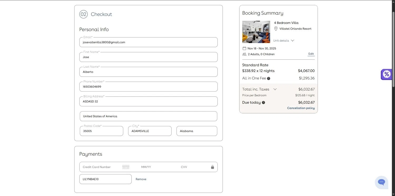 Villatel promo code screenshot showing code LILYNBAE10 applied at Villatel checkout page. Uploaded by SimplyCodes community member Depressive on Nov 11, 2025