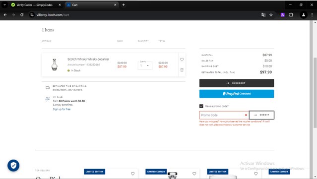 Villeroy & Boch checkout page showing Villeroy & Boch promo code box | Screenshot taken by SimplyCodes community member on Feb 27, 2025