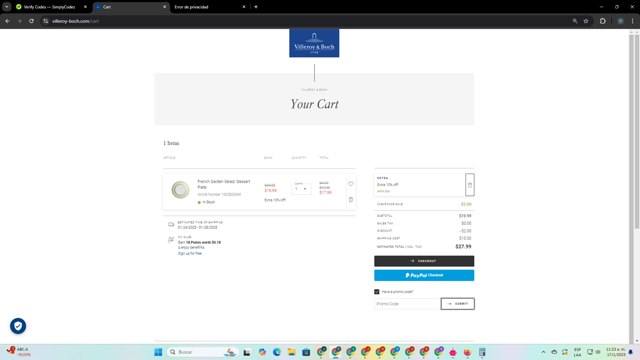 Villeroy & Boch checkout page showing Villeroy & Boch promo code box | Screenshot taken by SimplyCodes community member on Jan 17, 2025