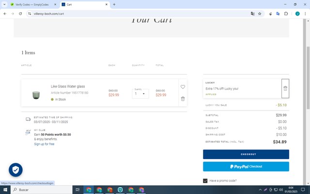 Villeroy & Boch checkout page showing Villeroy & Boch promo code box | Screenshot taken by SimplyCodes community member on Mar 1, 2025