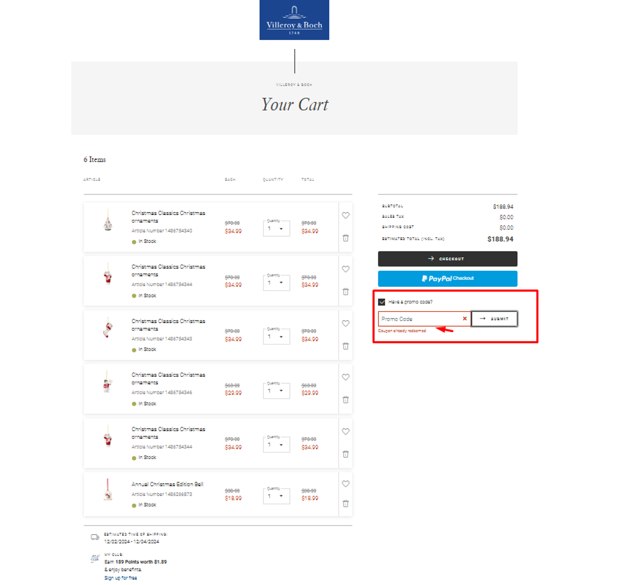 Villeroy & Boch checkout page showing Villeroy & Boch promo code box | Screenshot taken by SimplyCodes community member on Nov 25, 2024