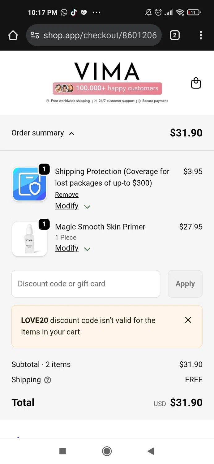 VIMA Cosmetics promo code screenshot showing code LOVE20 applied at VIMA Cosmetics checkout page. Uploaded by SimplyCodes community member Mujerdejunnior on Jan 15, 2026