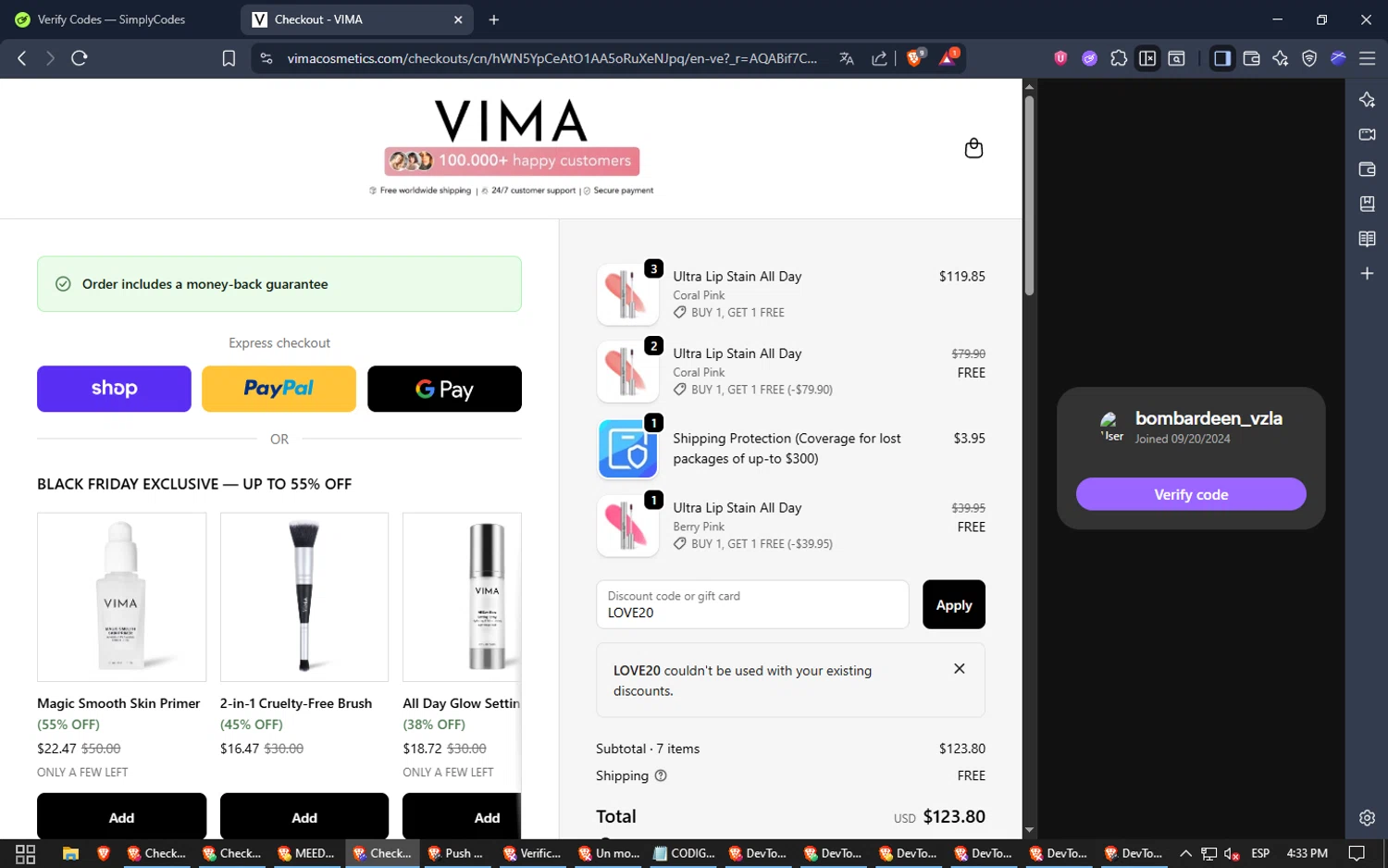 VIMA Cosmetics promo code screenshot showing code LOVE20 applied at VIMA Cosmetics checkout page. Uploaded by SimplyCodes community member bombardeen_vzla on Nov 21, 2025