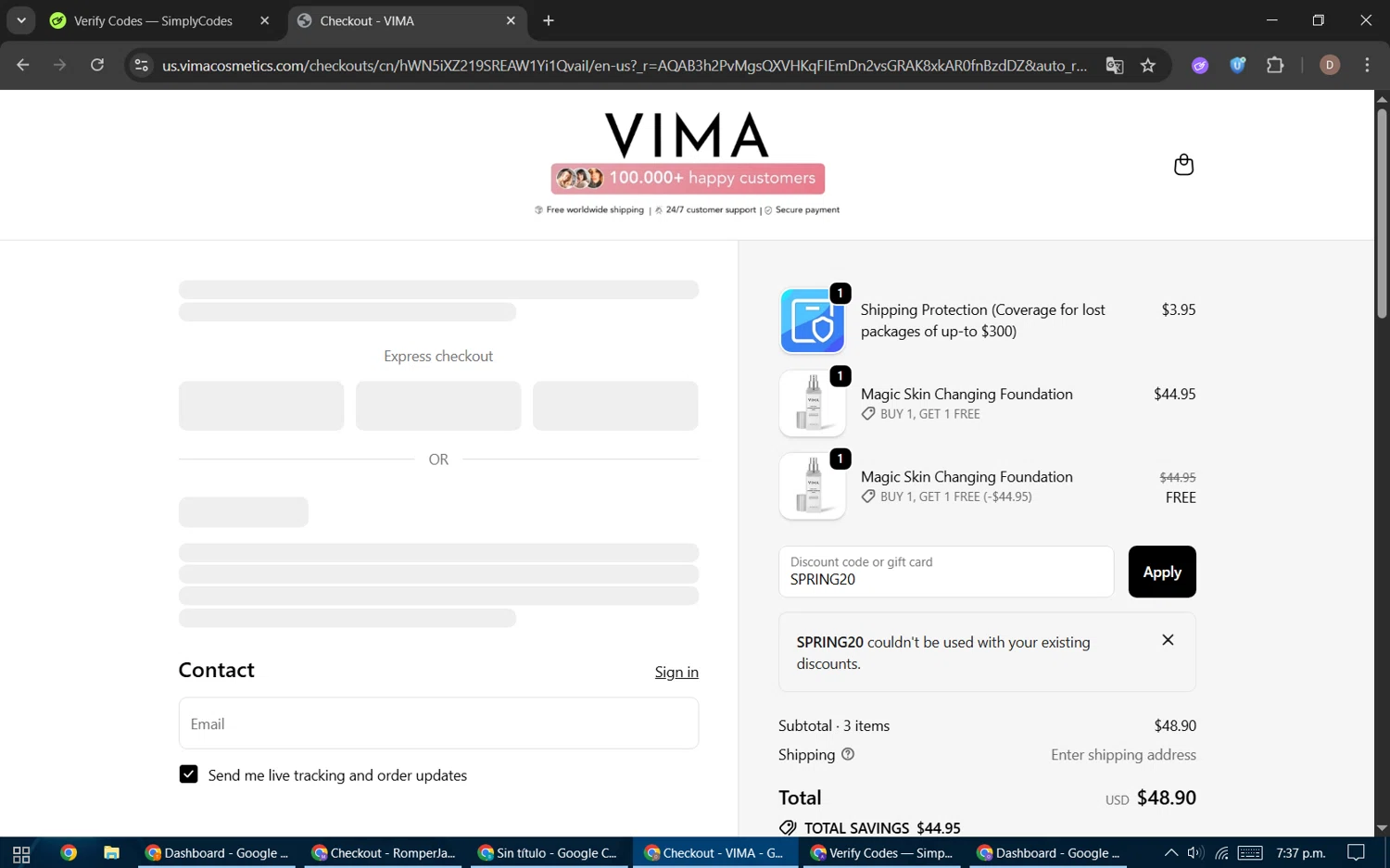 VIMA Cosmetics promo code screenshot showing code SPRING20 applied at VIMA Cosmetics checkout page. Uploaded by SimplyCodes community member BrilliantWizard8884 on Nov 25, 2025