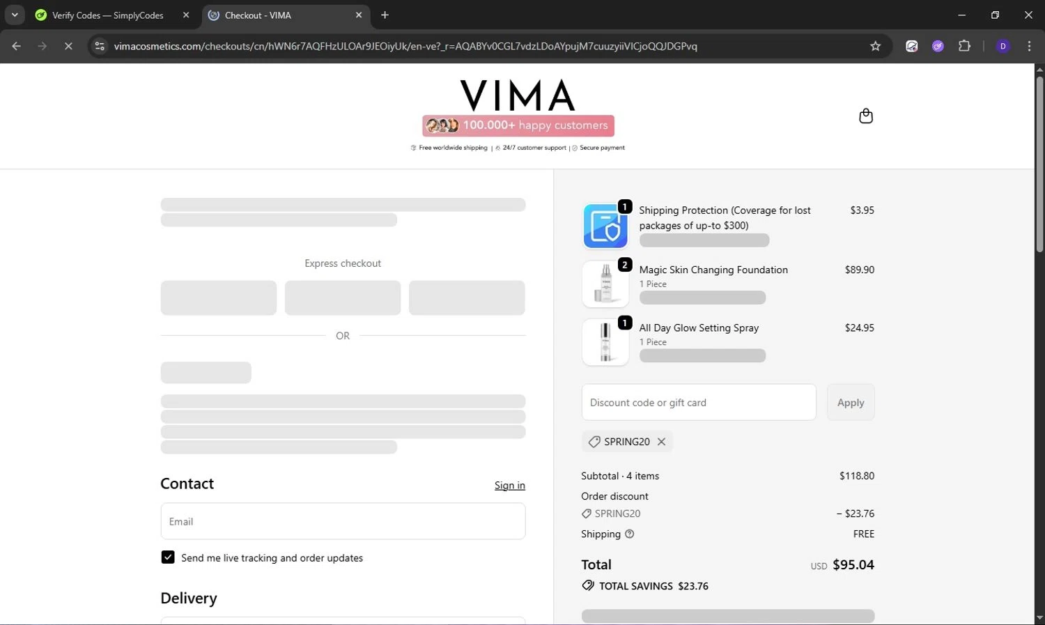 VIMA Cosmetics promo code screenshot showing code SPRING20 applied at VIMA Cosmetics checkout page. Uploaded by SimplyCodes community member Obito6245825041527 on Dec 25, 2025