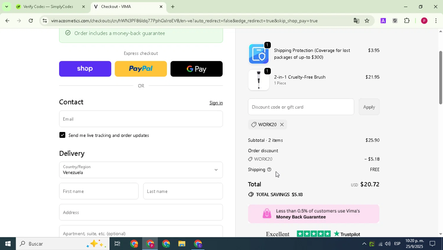 VIMA Cosmetics promo code screenshot showing code WORK20 applied at VIMA Cosmetics checkout page. Uploaded by SimplyCodes community member Paul_Skenes on Sep 26, 2025