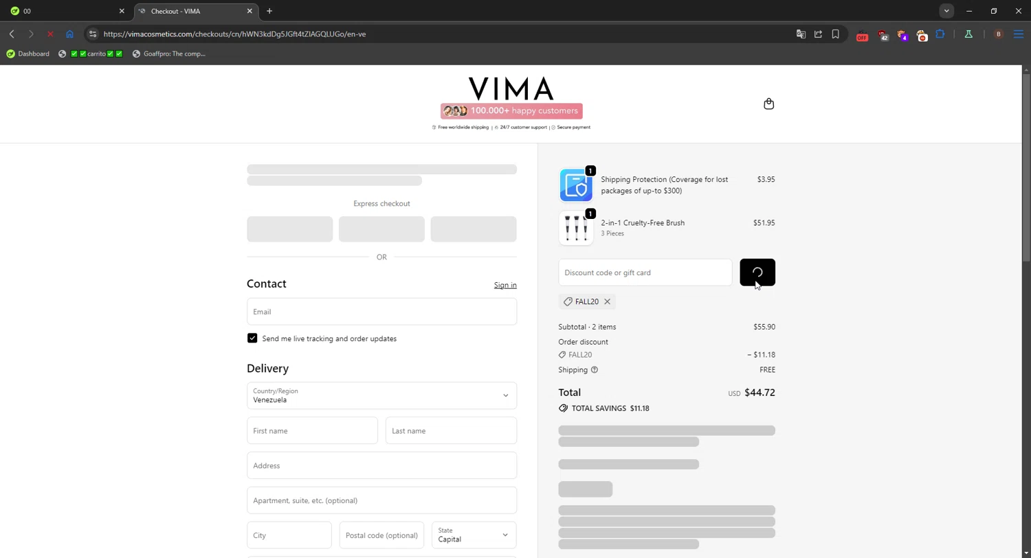VIMA Cosmetics promo code screenshot showing code FALL20 applied at VIMA Cosmetics checkout page. Uploaded by SimplyCodes community member FrugalShopper1585 on Oct 5, 2025